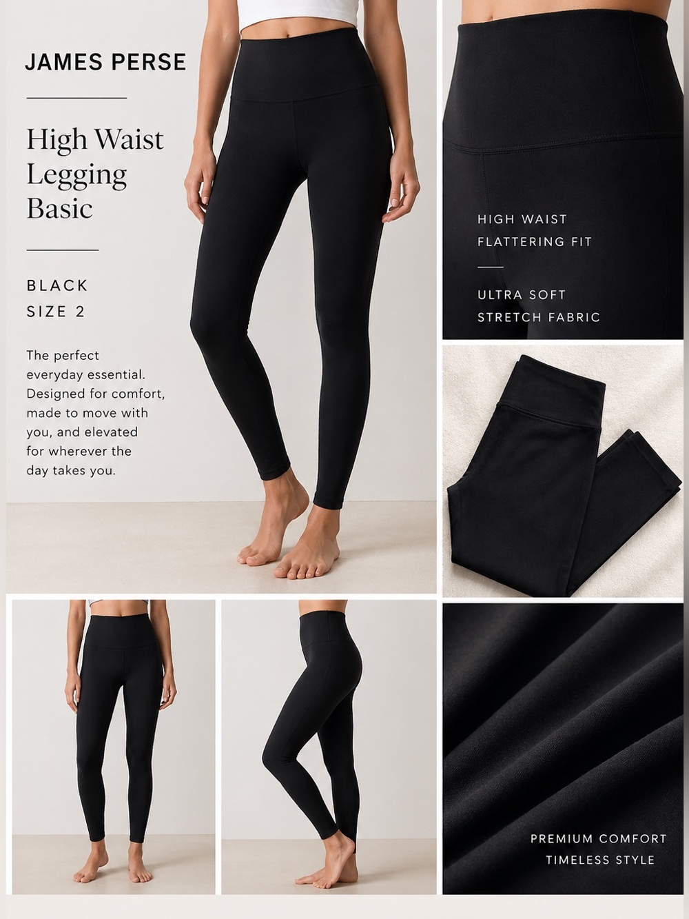 James Perse High Waist Black Leggings Size 2 NWT Luxury Basic Minimalist